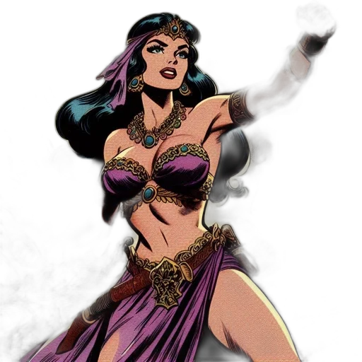 comic book art, fantasy art, concept art, cartoon, fierce, female, sorceress, purple transparent PNG cut-out