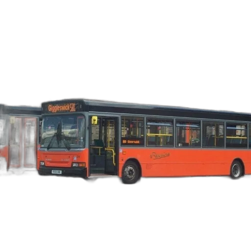 3d render, concept art, photorealistic, red, bus, destination, giggleswick, 50c transparent PNG cut-out
