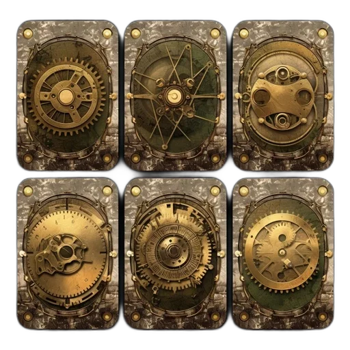 jewelry, concept art, illustration, features, six, panels, elaborate, steampunk-inspired transparent PNG cut-out
