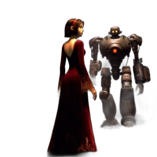 robot, dress, concept art, 3d render, pixel art, fantasy art, outer space, red transparent PNG cut-out