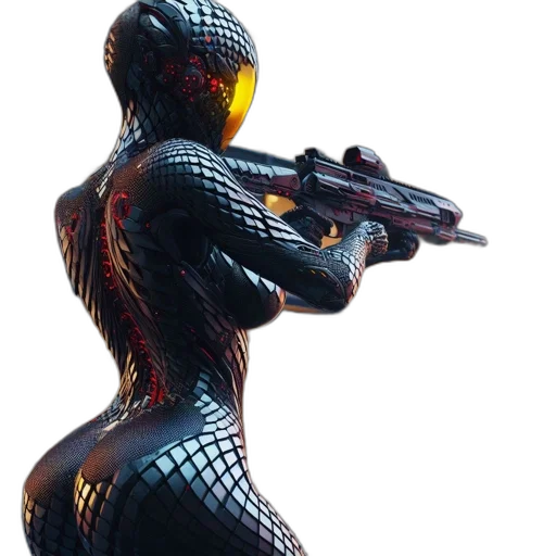 weapon, robot, concept art, 3d render, cyberpunk, pixel art, futuristic, city transparent PNG cut-out