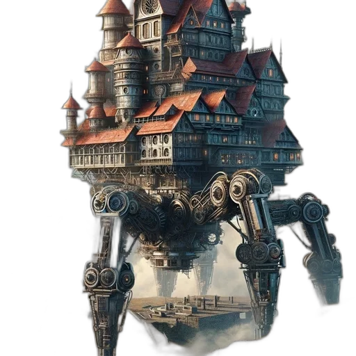 robot, building, weapon, dragon, concept art, fantasy art, 3d render, watercolor transparent PNG cut-out