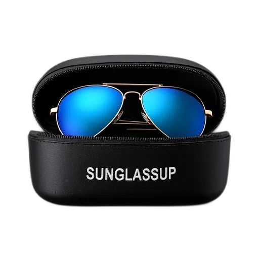3d render, pair, sunglasses, blue, gold, frames, displayed, black transparent PNG cut-out