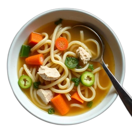 food, 3d render, photorealistic, bowl, chicken, noodle, soup, vegetables transparent PNG cut-out