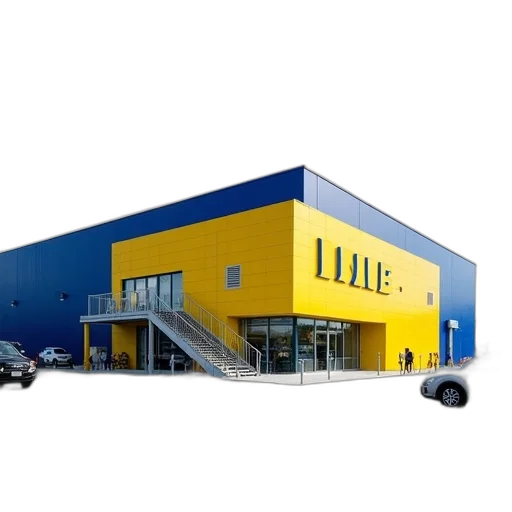 building, car, 3d render, modern, yellow, blue, roof, featuring transparent PNG cut-out