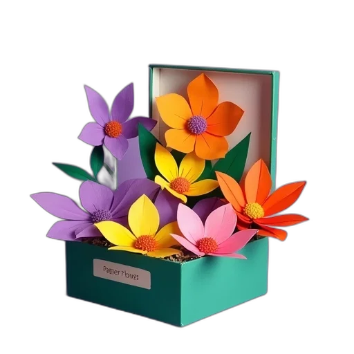 flower, 3d render, colorful, box, paper, flowers, purple, background transparent PNG cut-out