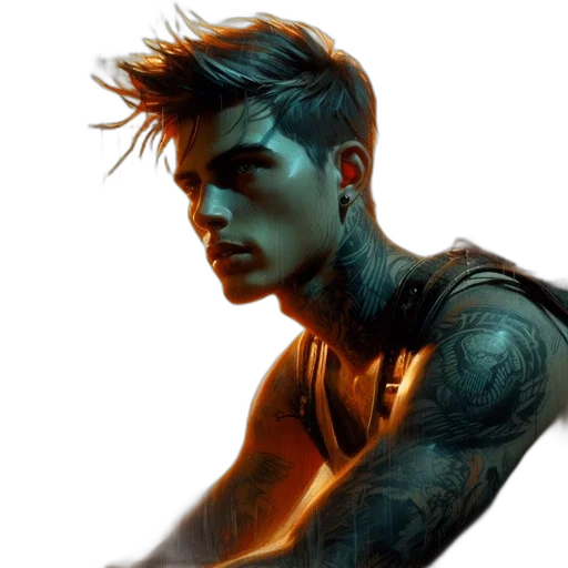 concept art, photorealistic, fantasy art, comic book art, neon lights, golden, neon, dark transparent PNG cut-out