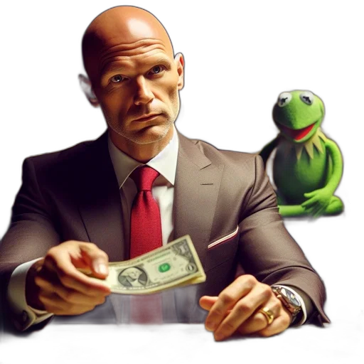 concept art, photorealistic, 3d render, bald, man, suit, holds, stack transparent PNG cut-out