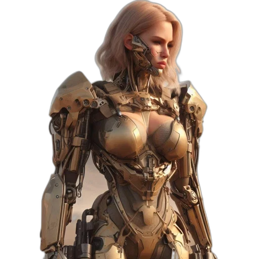 robot, dress, weapon, concept art, cyberpunk, 3d render, fantasy art, golden transparent PNG cut-out