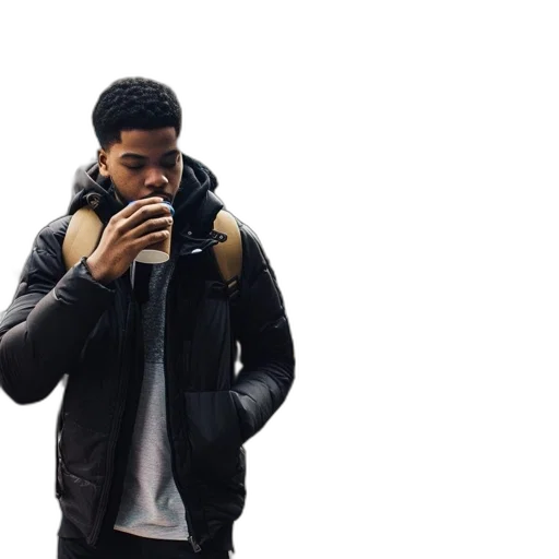 jacket, face, young, man, black, backpack, stands, city transparent PNG cut-out