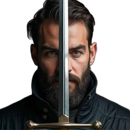 sword, jacket, face, staff, photorealistic, fantasy art, concept art, second transparent PNG cut-out