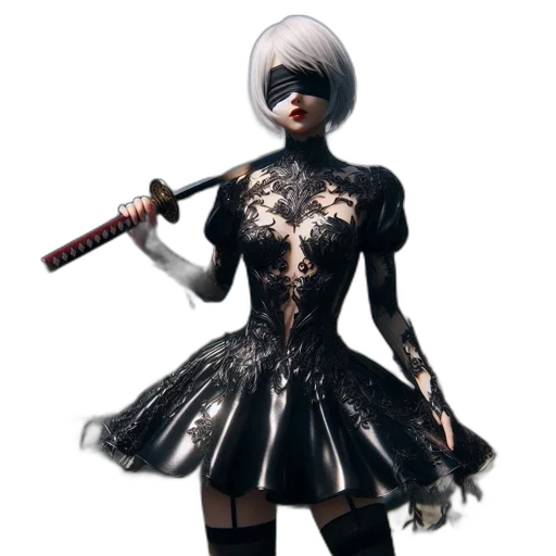 dress, weapon, staff, concept art, 3d render, fantasy art, cyberpunk, monochrome transparent PNG cut-out