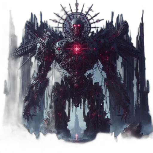 robot, weapon, concept art, fantasy art, comic book art, cyberpunk, red, amidst transparent PNG cut-out