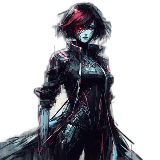 dress, jacket, weapon, concept art, cyberpunk, comic book art, fantasy art, dark transparent PNG cut-out