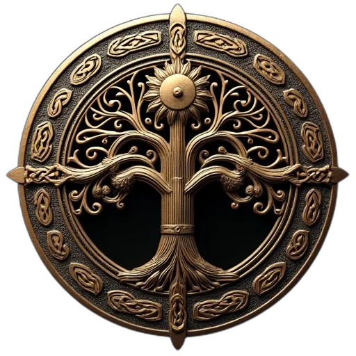 crown, jewelry, staff, sword, fantasy art, concept art, 3d render, circular transparent PNG cut-out