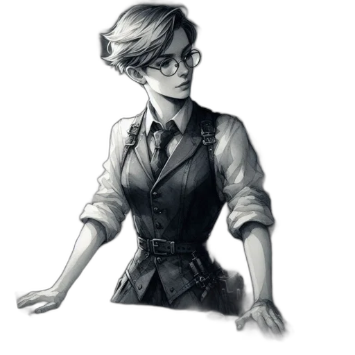 staff, jacket, dress, face, concept art, comic book art, fantasy art, pencil sketch transparent PNG cut-out