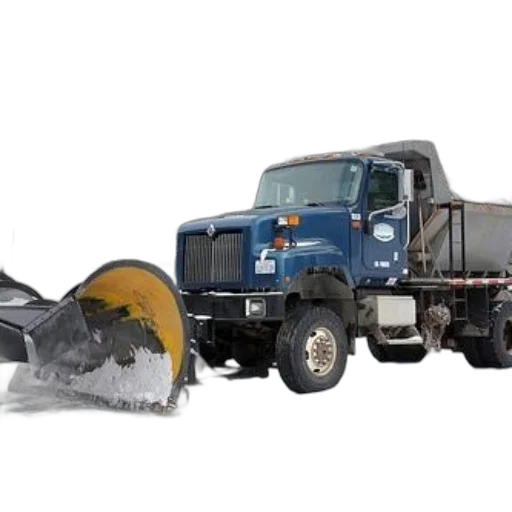 blue, snowplow, truck, yellow, blade, parked, snowy, forest transparent PNG cut-out