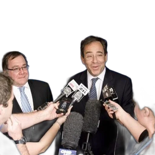 staff, robot, two, men, suits, speak, reporters, microphones transparent PNG cut-out