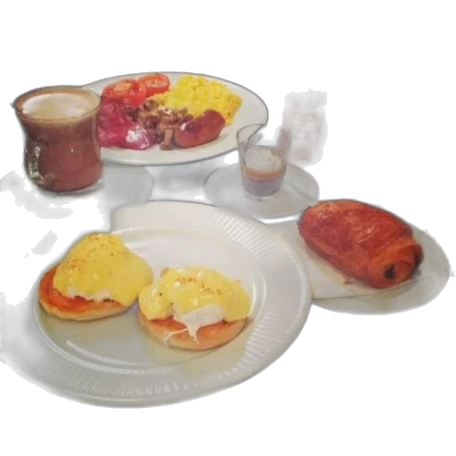 food, table, plates, including, eggs, benedict, croissant, cup transparent PNG cut-out