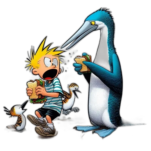 animal, concept art, cartoon, young, boy, large, blue, bird transparent PNG cut-out
