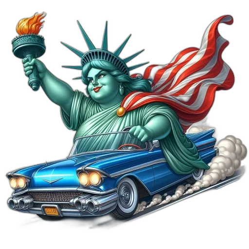 car, concept art, cartoon, comic book art, photorealistic, statue, liberty, dynamic transparent PNG cut-out