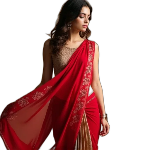 dress, red, elegant, beige, georgette, saree transparent PNG cut-out