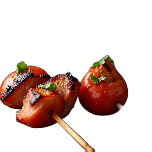 food, umbrella, photorealistic, 3d render, barbecue, skewers, pork, tomatoes transparent PNG cut-out
