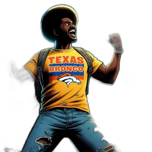 man, yellow, texas, bronco, shirt, amid, chaos, destroyed transparent PNG cut-out
