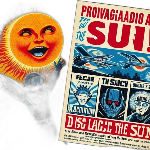 mask, anthropomorphic, sun, dominates, vintage-style, propaganda, poster, words transparent PNG cut-out