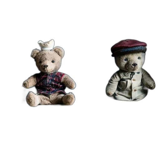 3d render, two, dressed, teddy, bears, sit, old, wooden transparent PNG cut-out