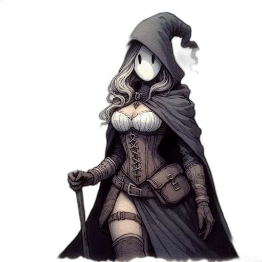 hat, staff, mask, dress, concept art, fantasy art, pixel art, comic book art transparent PNG cut-out