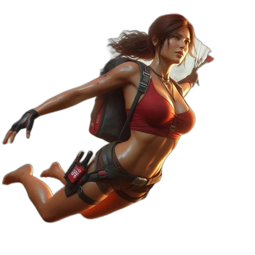 weapon, concept art, fantasy art, 3d render, pixel art, female, parachutist, descends transparent PNG cut-out