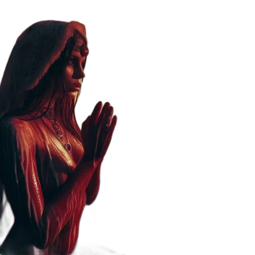 3d render, concept art, comic book art, red, woman, ritualistic, attire, red-smudged transparent PNG cut-out