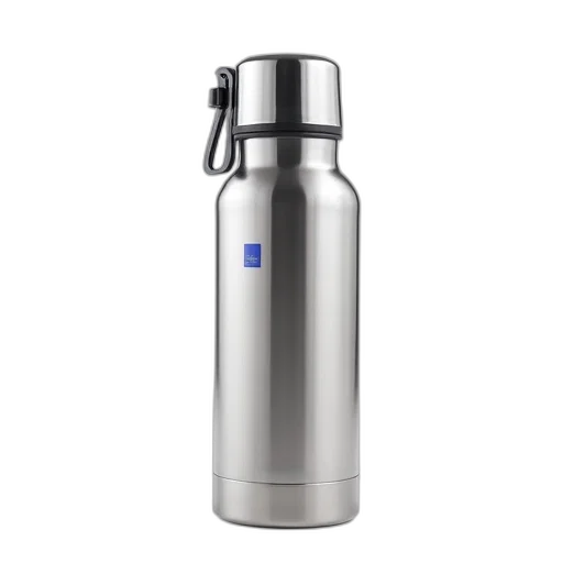 bottle, stainless, steel, thermos, silver, lid, blue, logo transparent PNG cut-out