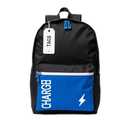 jacket, black, blue, backpack, white, tag, reading, displayed transparent PNG cut-out