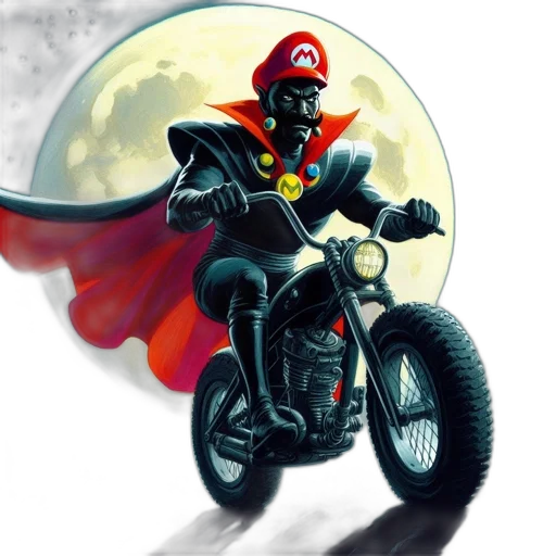 comic book art, concept art, fantasy art, pixel art, red, mario, rides, motorcycle transparent PNG cut-out