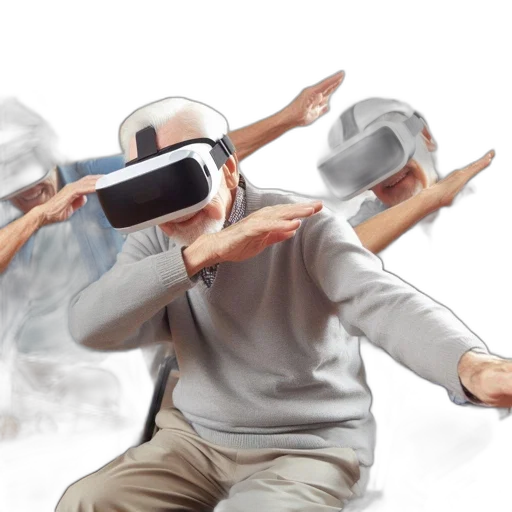 concept art, 3d render, three, seniors, wear, headsets, cozy, furnished transparent PNG cut-out