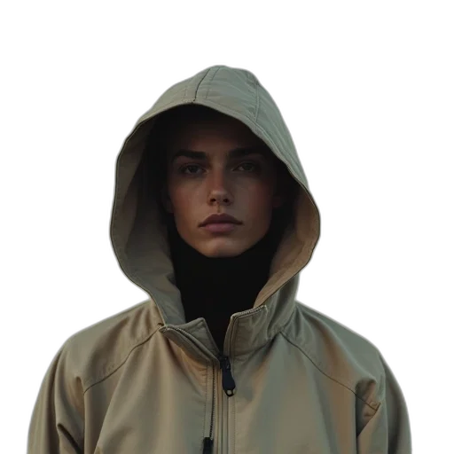 jacket, face, staff, umbrella, cyberpunk, photorealistic, concept art, 3d render transparent PNG cut-out
