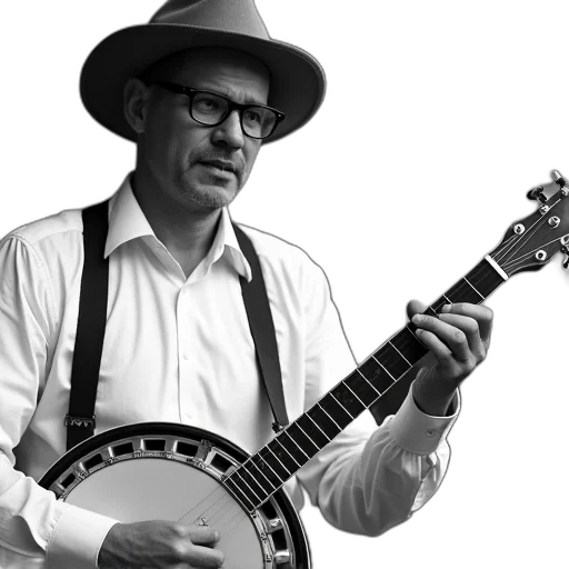 black, white, photograph, man, playing, banjo, wearing, hat transparent PNG cut-out