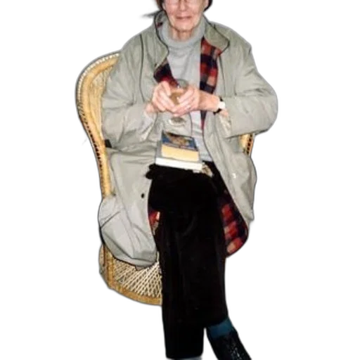 jacket, staff, jewelry, shoes, photorealistic, elderly, woman, sits transparent PNG cut-out