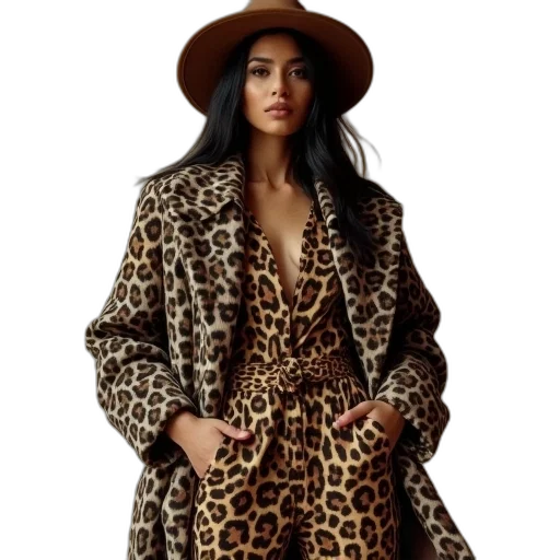 jacket, hat, dress, earth tones, woman, wearing, leopard, print transparent PNG cut-out