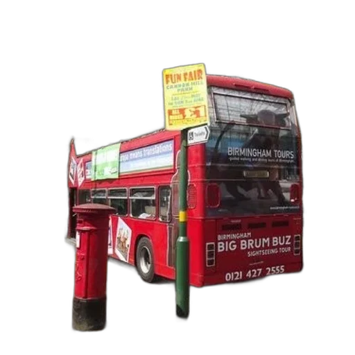 staff, photorealistic, 3d render, concept art, red, double-decker, bus, birmingham transparent PNG cut-out