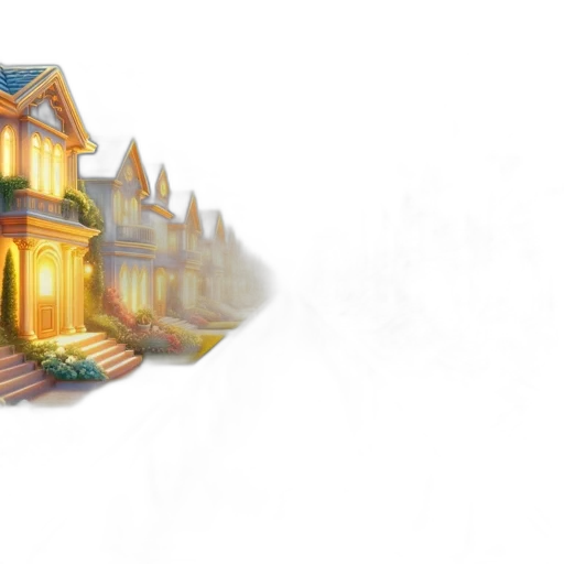building, concept art, 3d render, fantasy art, pixel art, city street, fog, golden transparent PNG cut-out