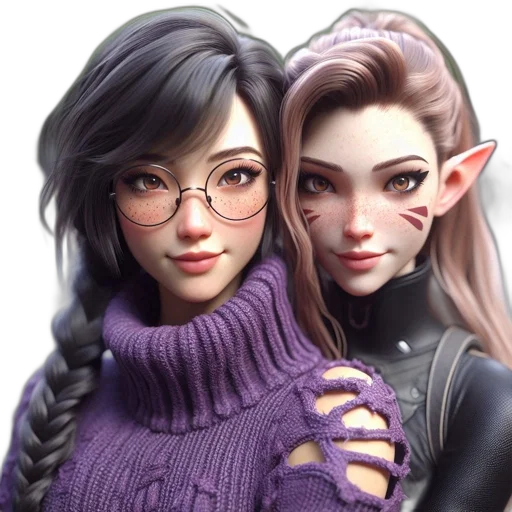 3d render, fantasy art, concept art, photorealistic, dark, two, female, characters transparent PNG cut-out