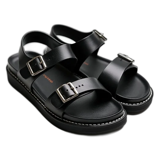shoes, pair, black, leather, sandals, metal, buckles, thick transparent PNG cut-out