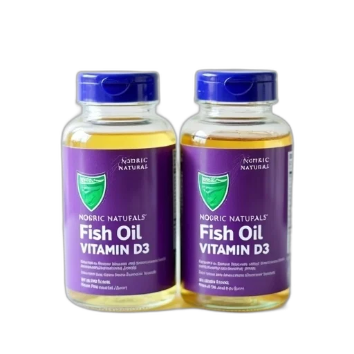 two, bottles, nordic, naturals, fish, oil, vitamin, displayed transparent PNG cut-out