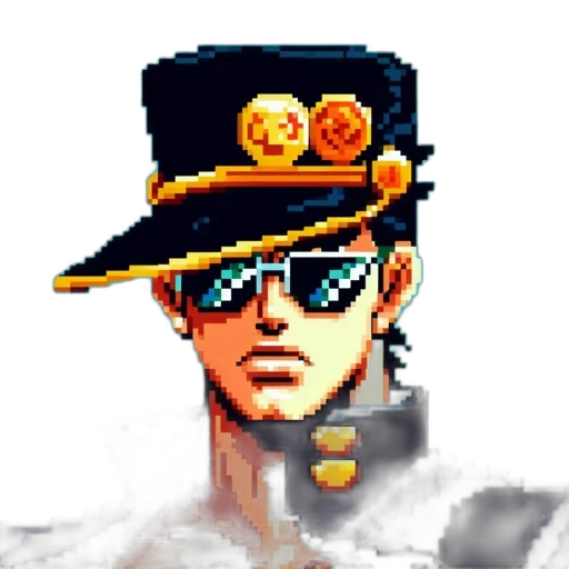 hat, staff, face, jacket, pixel art, cyberpunk, vaporwave, comic book art transparent PNG cut-out