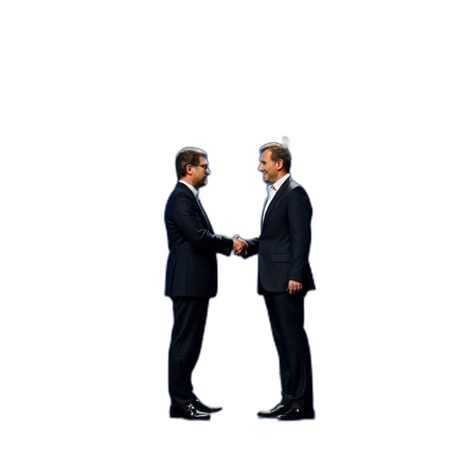 staff, two, men, suits, shaking, hands, front, backdrop transparent PNG cut-out