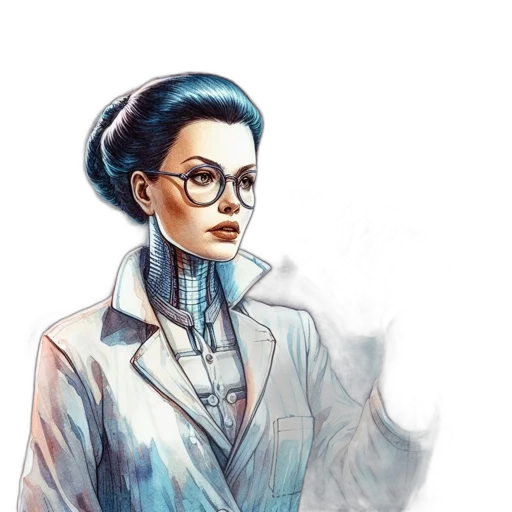 jacket, comic book art, concept art, fantasy art, photorealistic, blue, woman, glasses transparent PNG cut-out