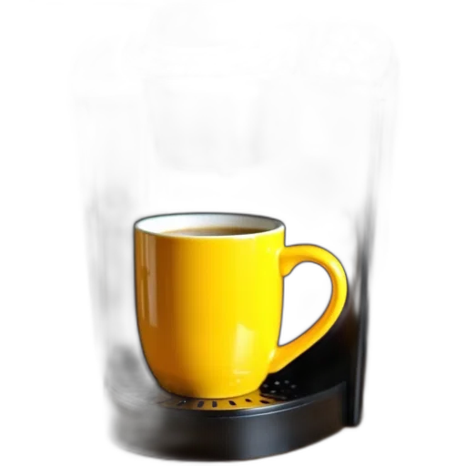 3d render, photorealistic, black, keurig, coffee, maker, yellow, mug transparent PNG cut-out